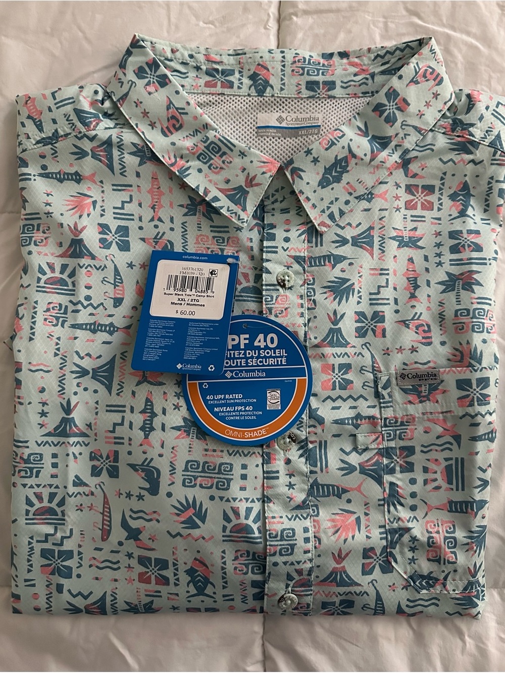 NWT Columbia PFG Super Slack Tide Camp Shirt XXL Teal/Mint Tiki Fish Size XL